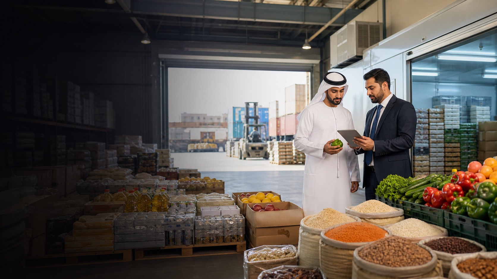 Modern foodstuff warehouse and fresh produce trading scene